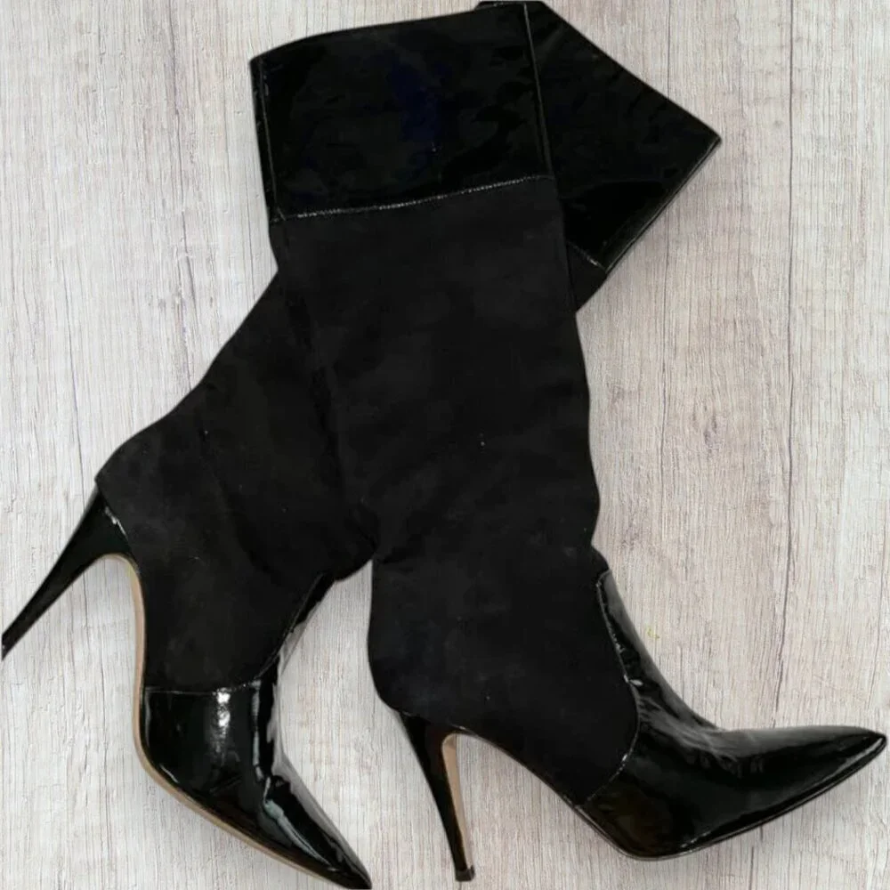 Kate Spade Black Suede Patent Leather Pointed Toe Stiletto Boots Womens 6.5